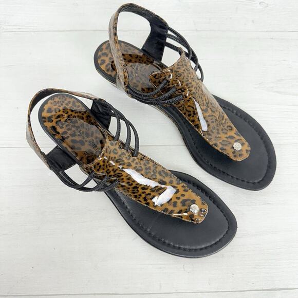 Donald Pliner Wedge Sandals Women Size 9.5 Leopard Print Thong Leather‎ - Picture 2 of 10